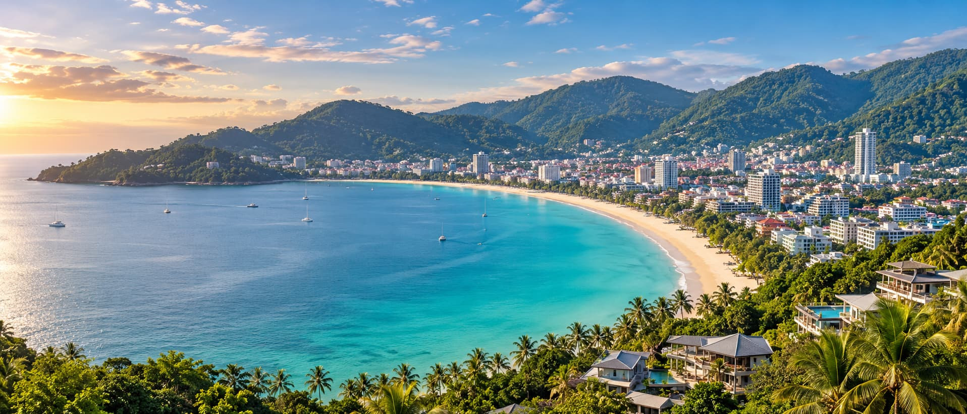 Patong Beach Phuket with bay, coastline and hillside real estate