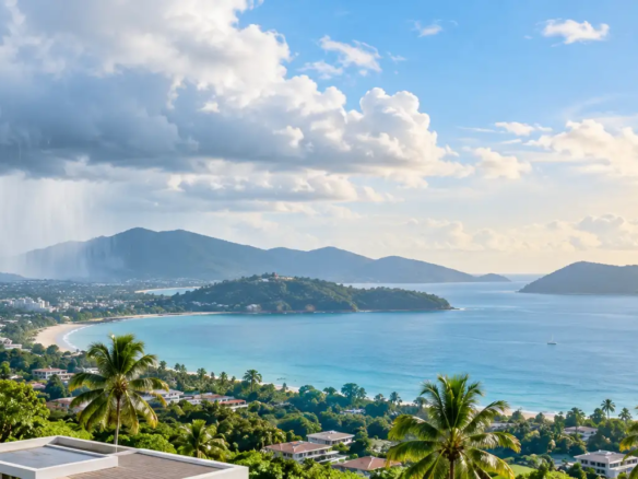 Panoramic view of Phuket villas and coastline during the rainy season, illustrating the impact of monsoon weather on rental income.